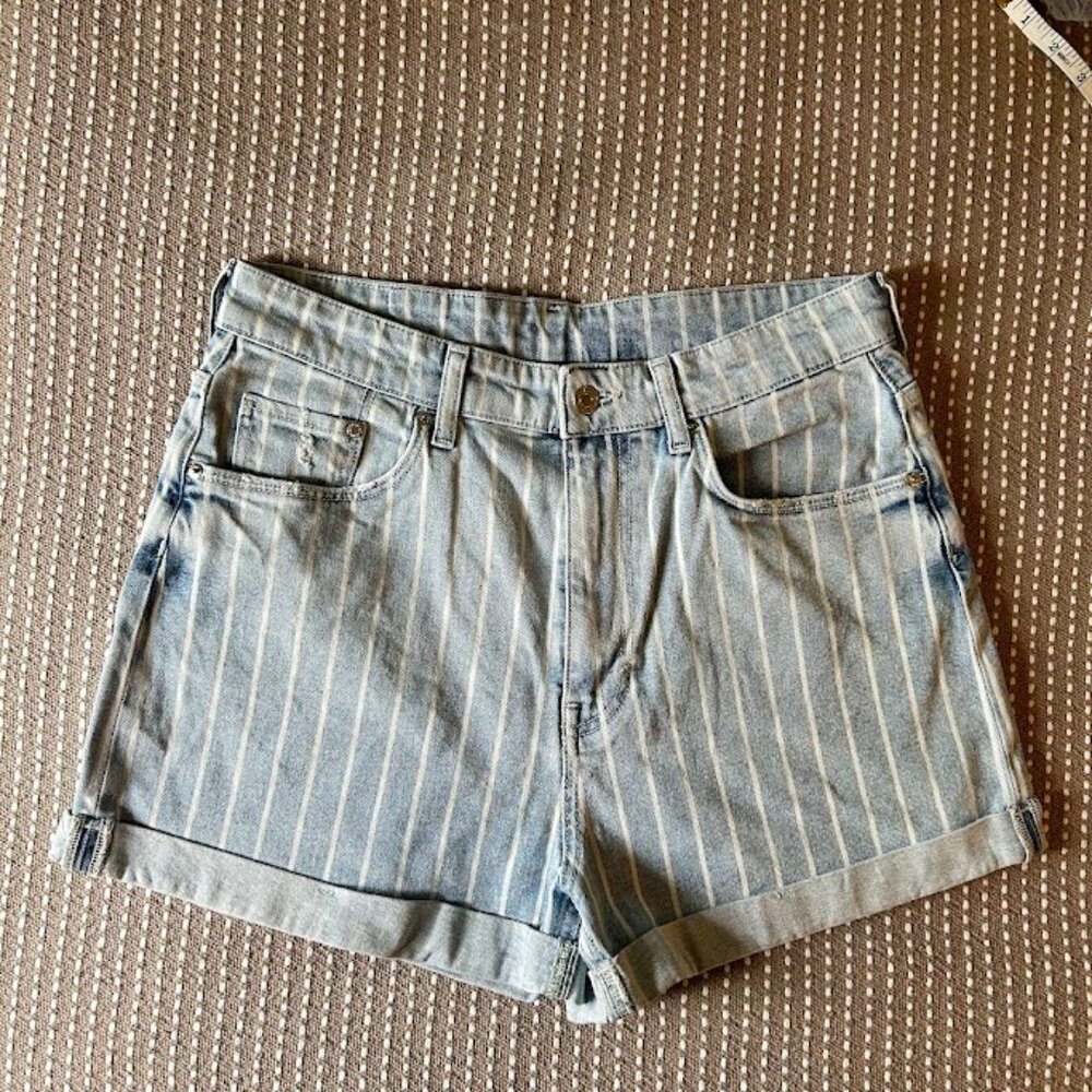H&M &Denim Women's Size 10 High Waist Striped Denim Cuffed Jean Shorts